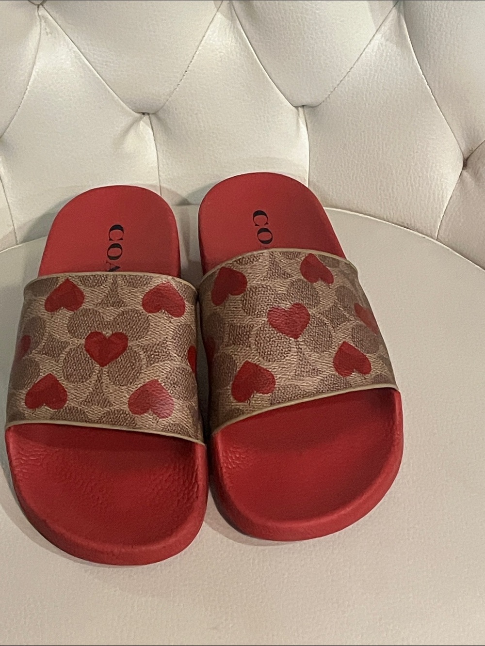 Coach Red Slide Sandals with Signature Heart Print Beautiful Eye Catching - Picture 3 of 10